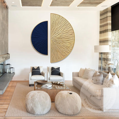 Abstract Blue Gold Wall Art Set, Modern Half Circle Canvas Painting, Textured Su #5