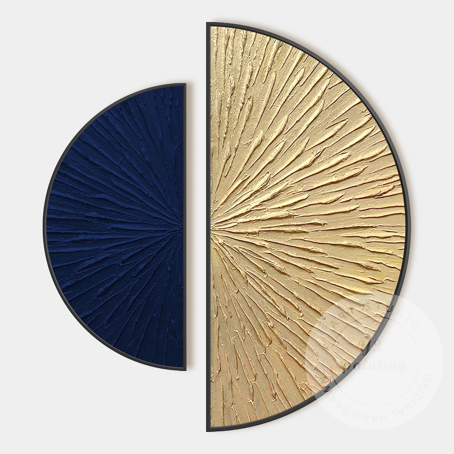 Abstract Blue Gold Wall Art Set, Modern Half Circle Canvas Painting, Textured Su #6