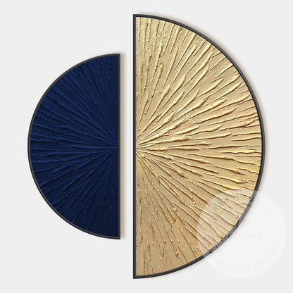 Abstract Blue Gold Wall Art Set, Modern Half Circle Canvas Painting, Textured Su #6