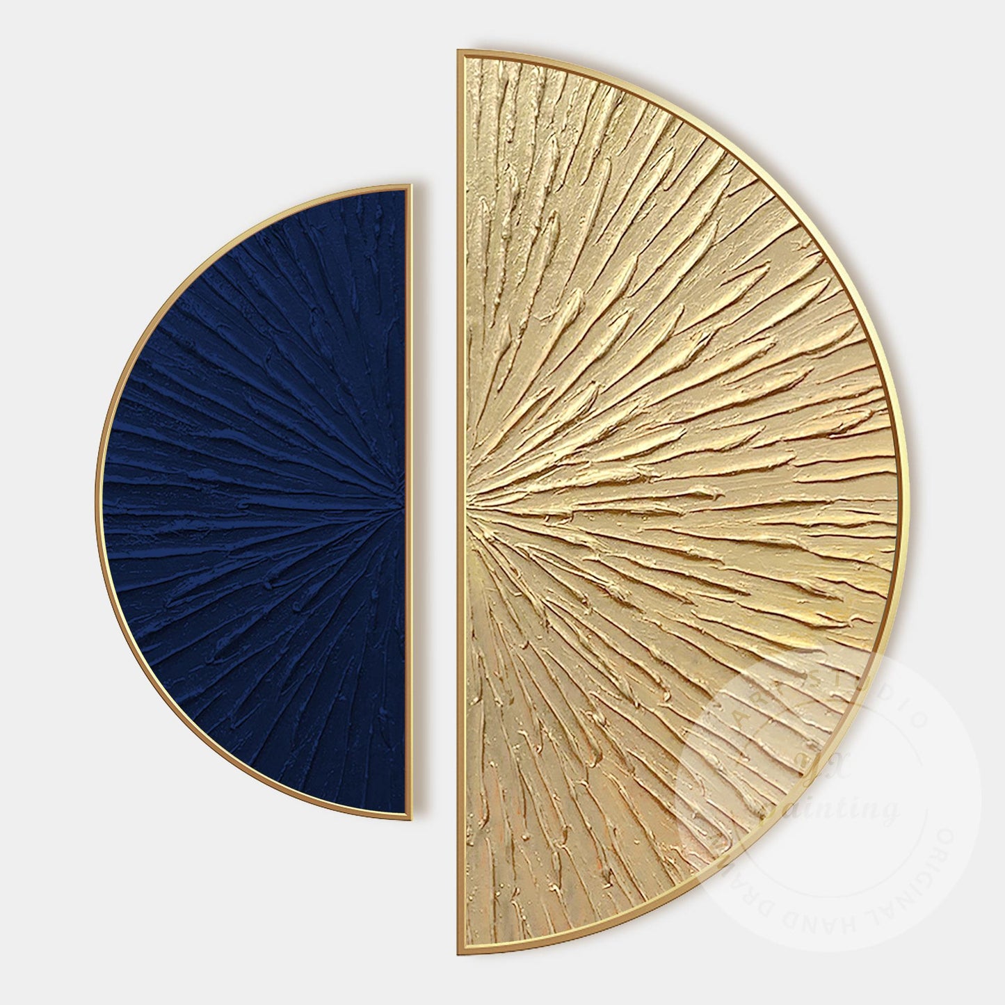 Abstract Blue Gold Wall Art Set, Modern Half Circle Canvas Painting, Textured Su #7