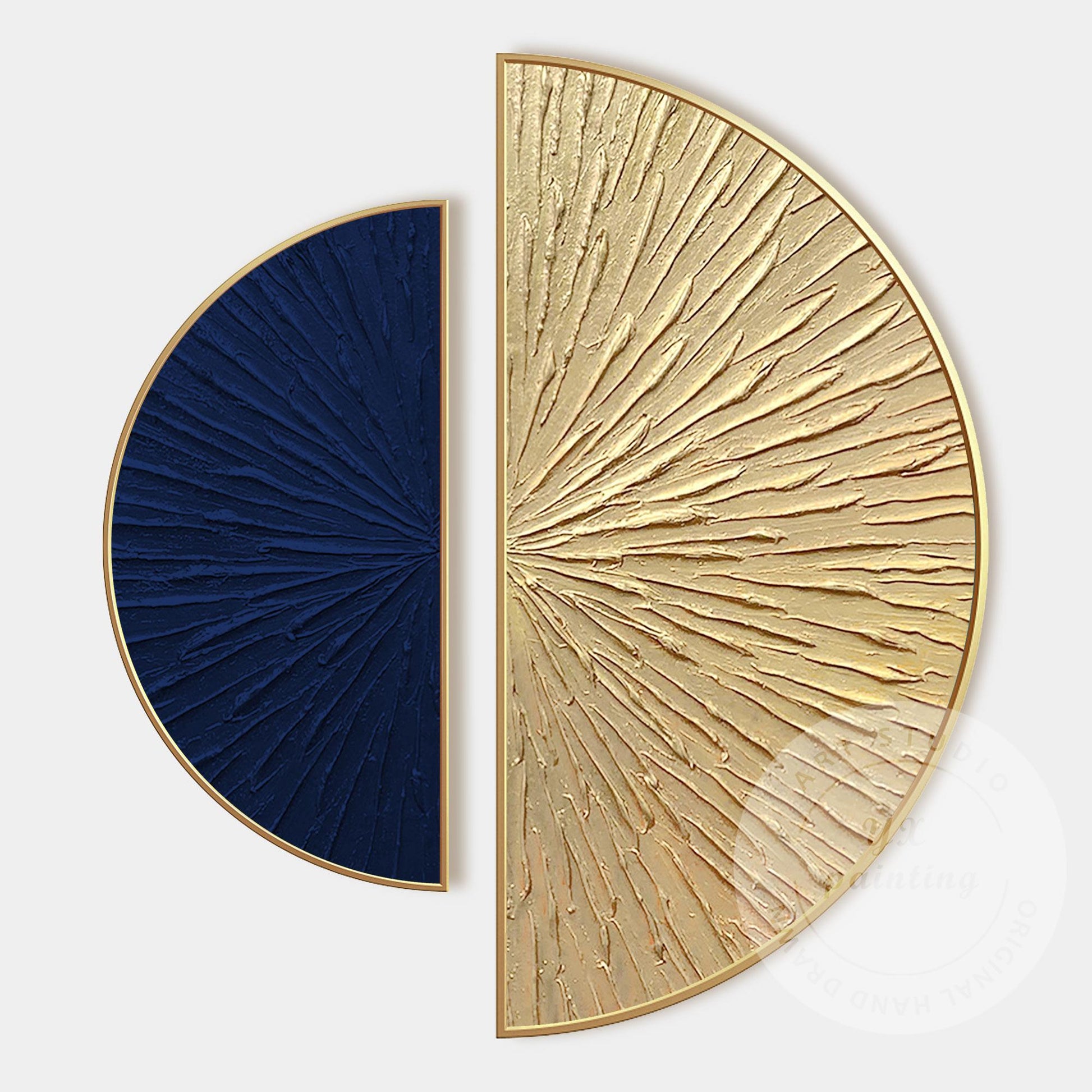 Abstract Blue Gold Wall Art Set, Modern Half Circle Canvas Painting, Textured Su #7
