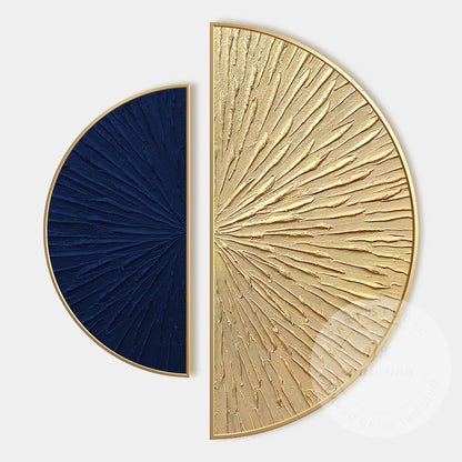 Abstract Blue Gold Wall Art Set, Modern Half Circle Canvas Painting, Textured Su #7