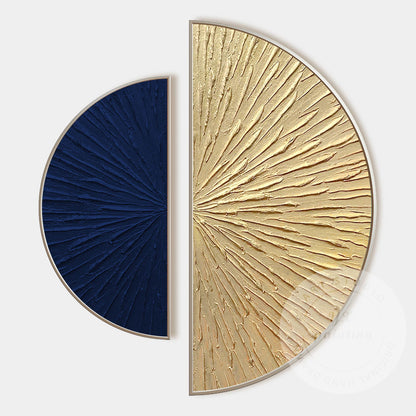 Abstract Blue Gold Wall Art Set, Modern Half Circle Canvas Painting, Textured Su #8