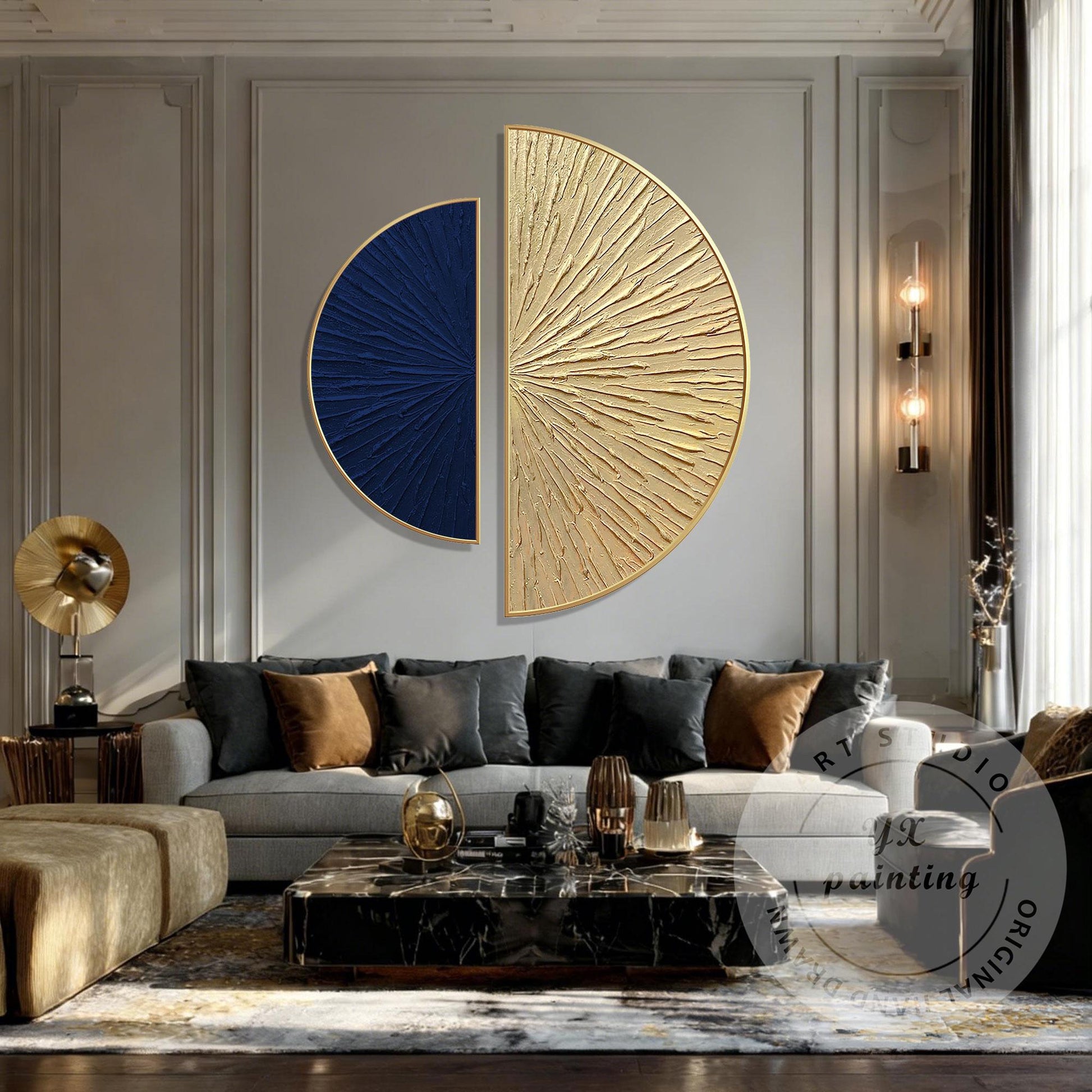 Abstract Blue Gold Wall Art Set, Modern Half Circle Canvas Painting, Textured Su #1