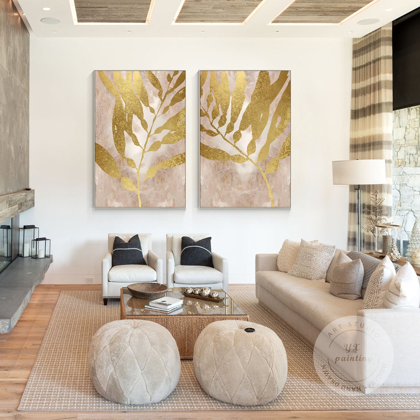 Abstract canvas schilderij bladgoud: set van 2 Wabi Sabi-muurkunst #13