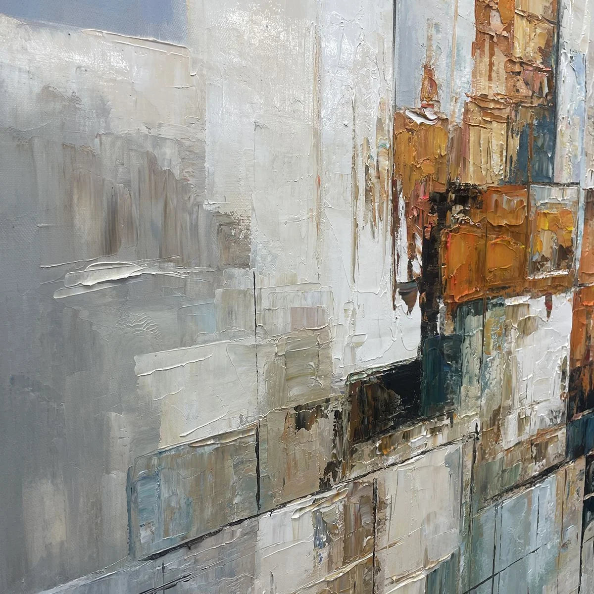 ABSTRACT CITYSCAPE: Textured Geometric Abstract Painting | rectangular format, hand-painted canvas edge