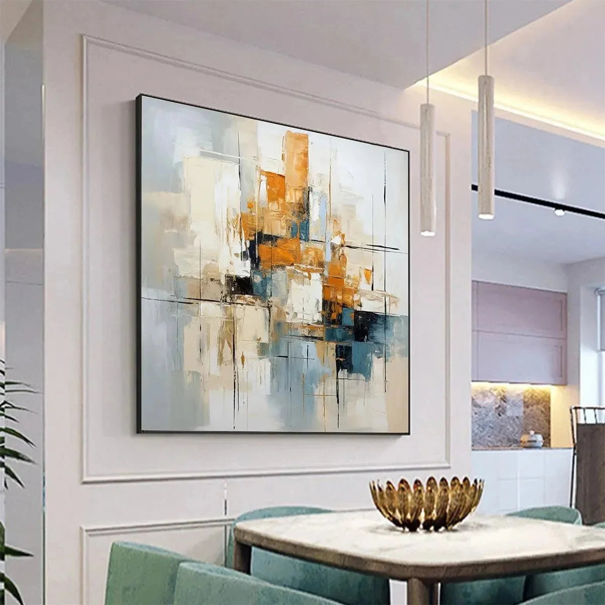 ABSTRACT CITYSCAPE: Textured Geometric Abstract Painting | gold frame stretched on neutral wall