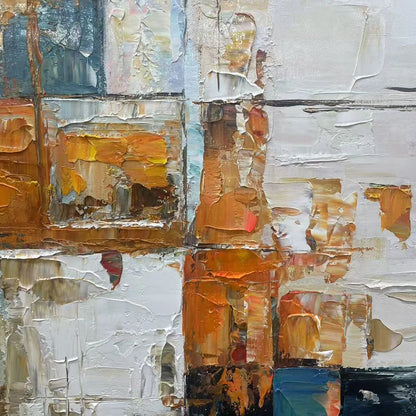 ABSTRACT CITYSCAPE: Textured Geometric Abstract Painting | black frame version on white wall