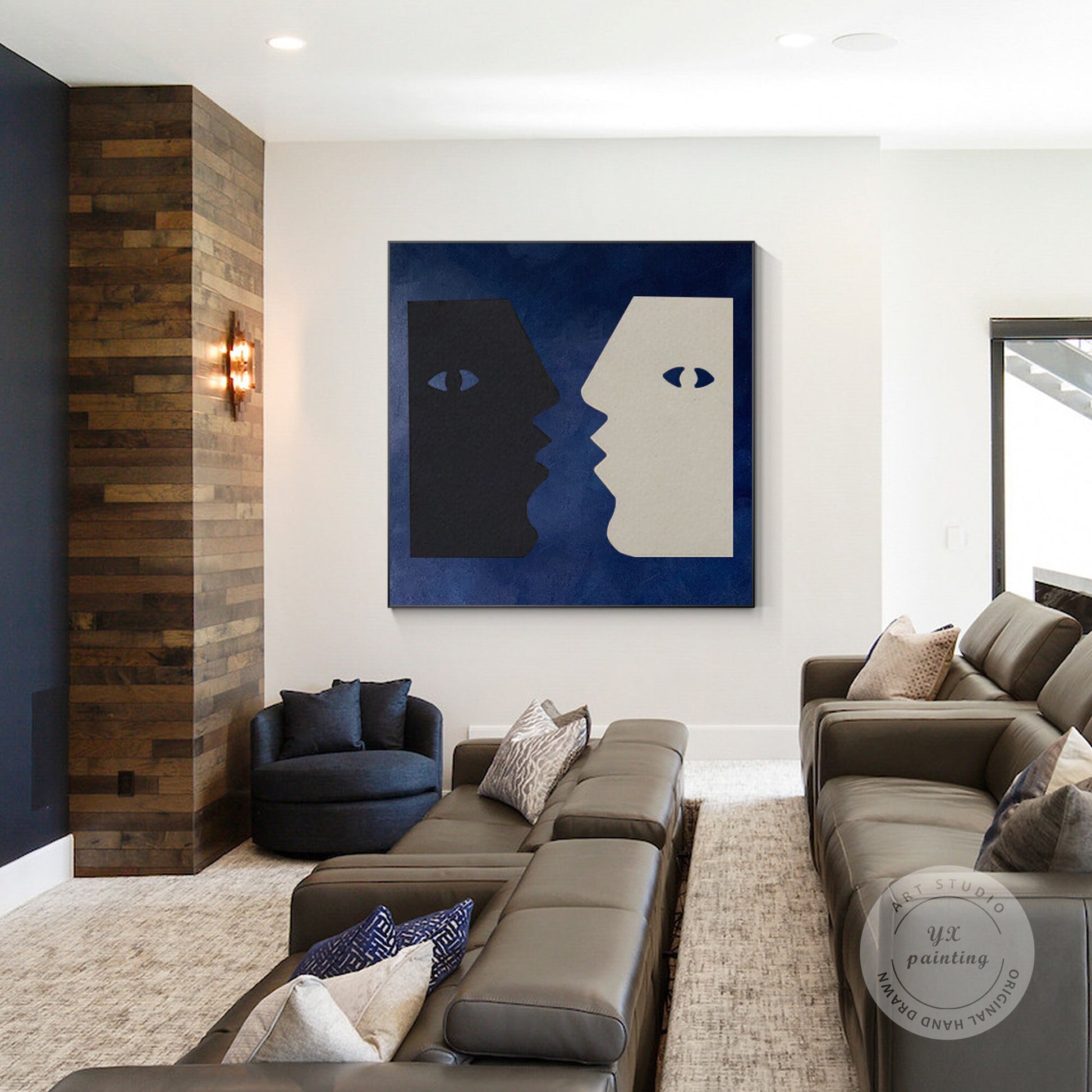 Abstract Couple Kiss Painting: Navy Blue Minimalist Wall Art #2