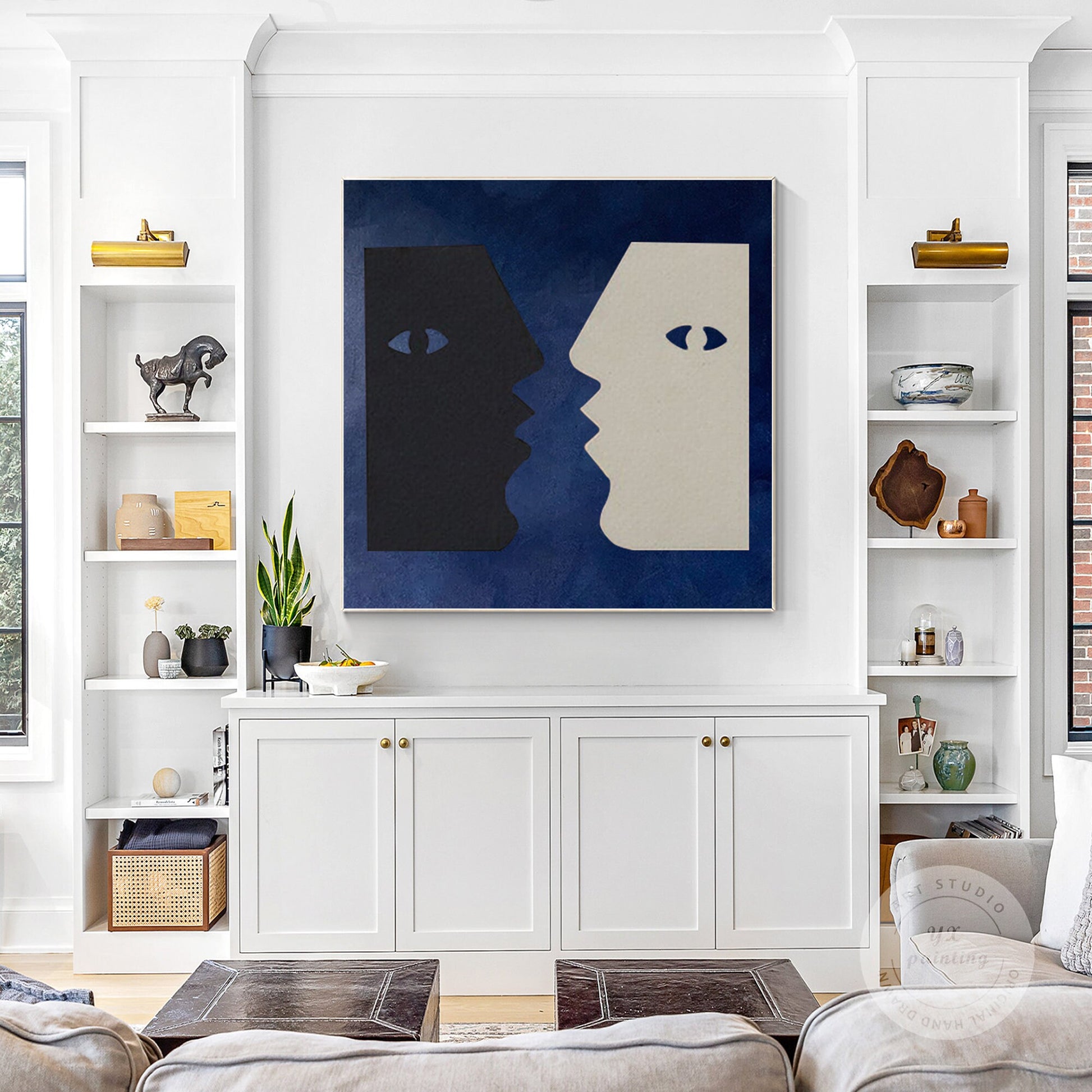 Abstract Couple Kiss Painting: Navy Blue Minimalist Wall Art #3