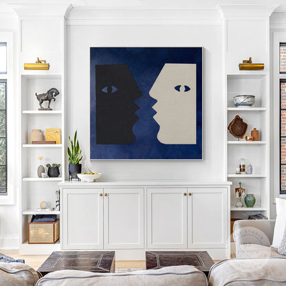 Abstract Couple Kiss Painting: Navy Blue Minimalist Wall Art #3