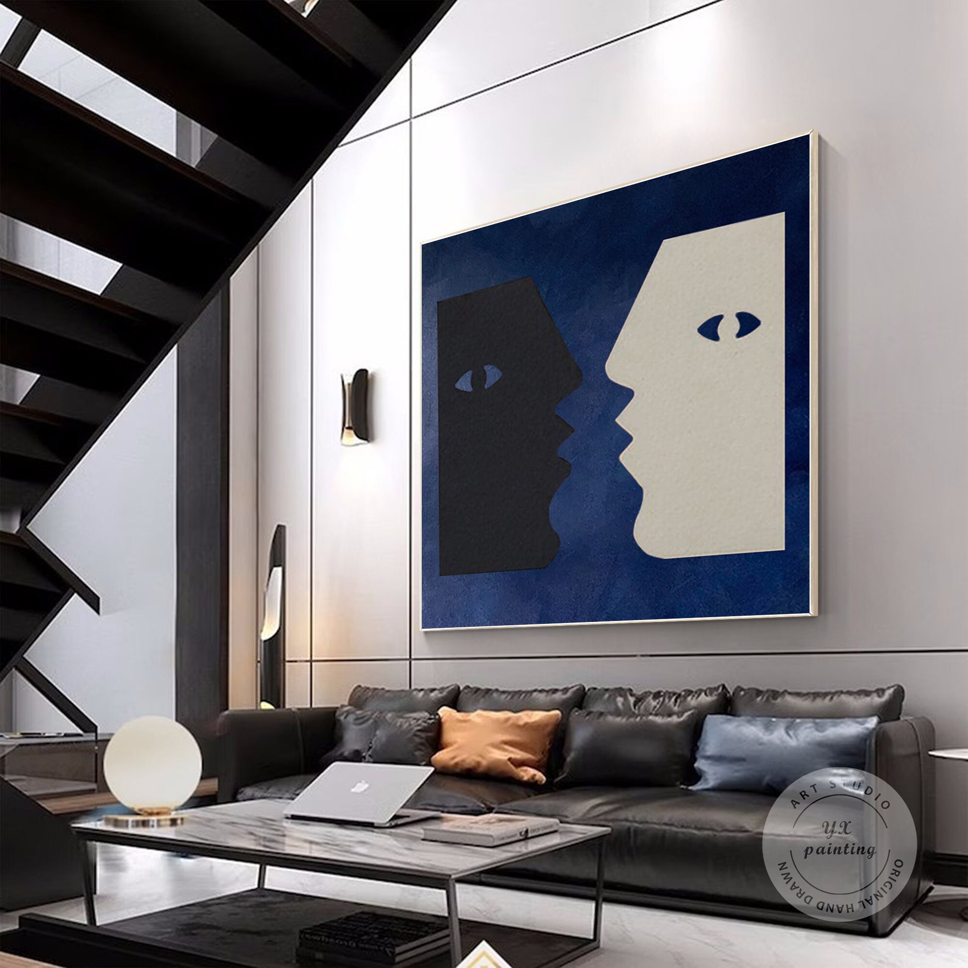 Abstract Couple Kiss Painting: Navy Blue Minimalist Wall Art #4