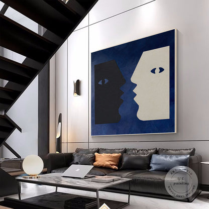 Abstract Couple Kiss Painting: Navy Blue Minimalist Wall Art #4