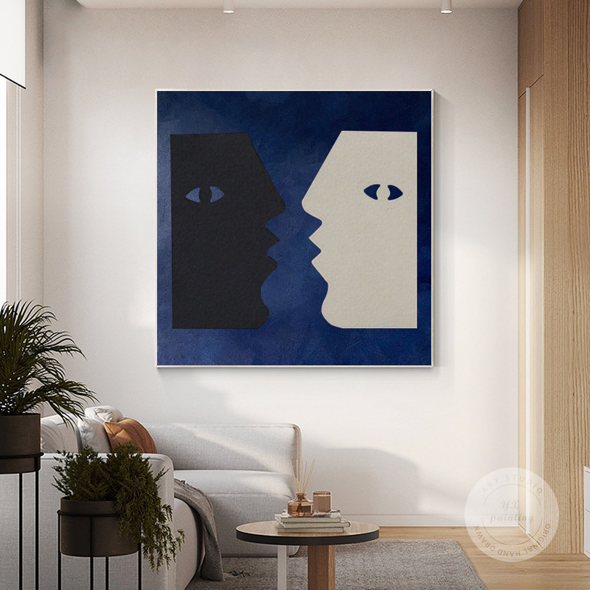 Abstract Couple Kiss Painting: Navy Blue Minimalist Wall Art #5
