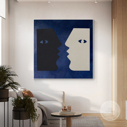 Abstract Couple Kiss Painting: Navy Blue Minimalist Wall Art #5