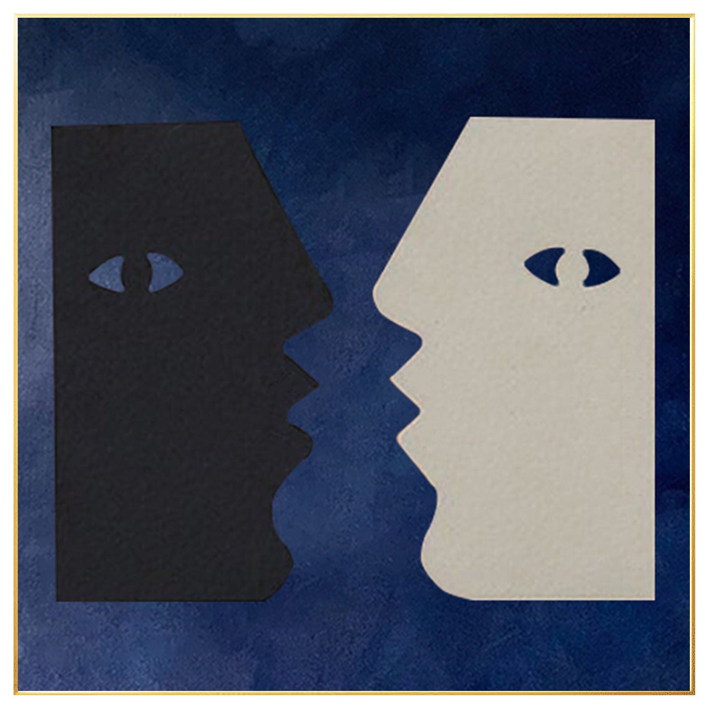 Abstract Couple Kiss Painting: Navy Blue Minimalist Wall Art #7