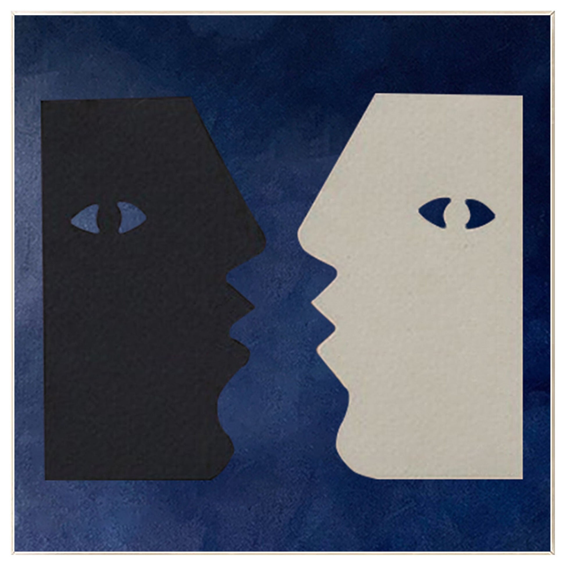 Abstract Couple Kiss Painting: Navy Blue Minimalist Wall Art #8