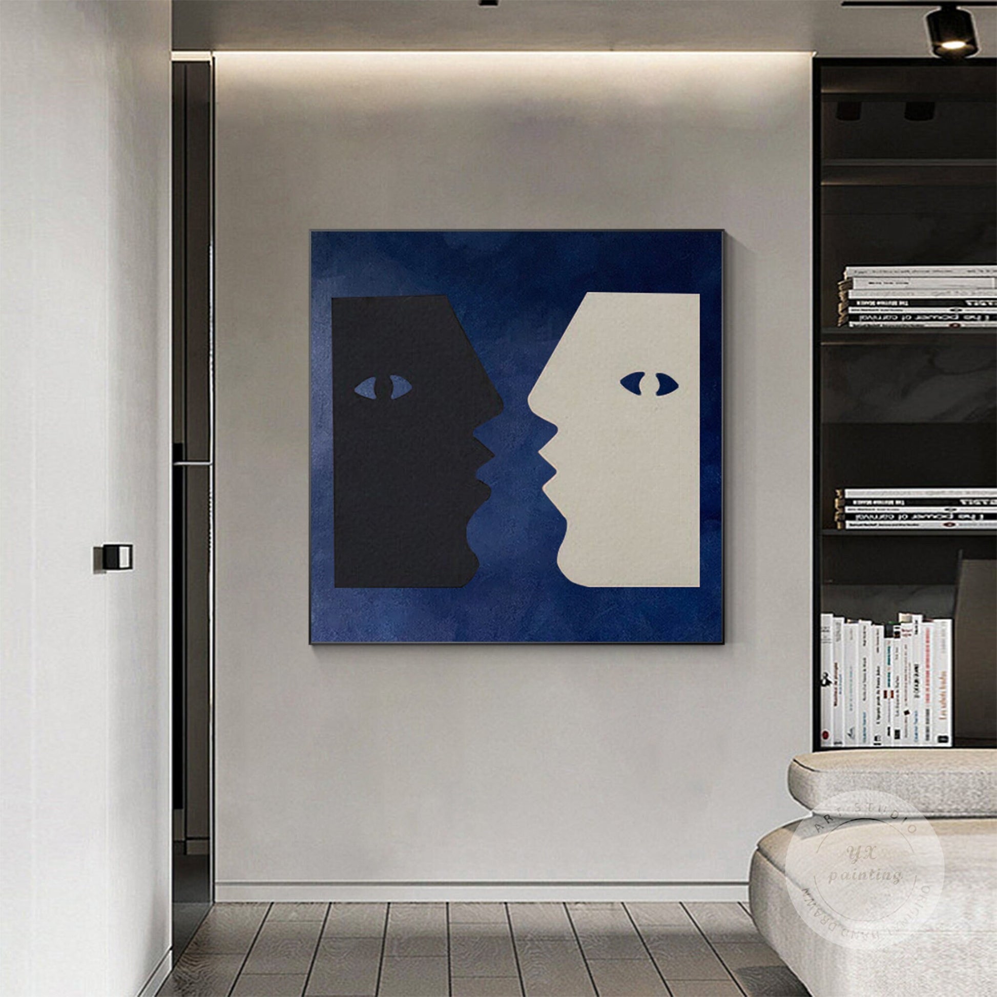 Abstract Couple Kiss Painting: Navy Blue Minimalist Wall Art #1