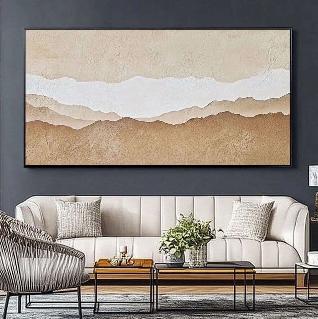 Close view of Abstract Desert Landscape Textured Sand Dunes Painting showing raised texture, layered brushwork, and tactile canvas detail for neutral home decor.