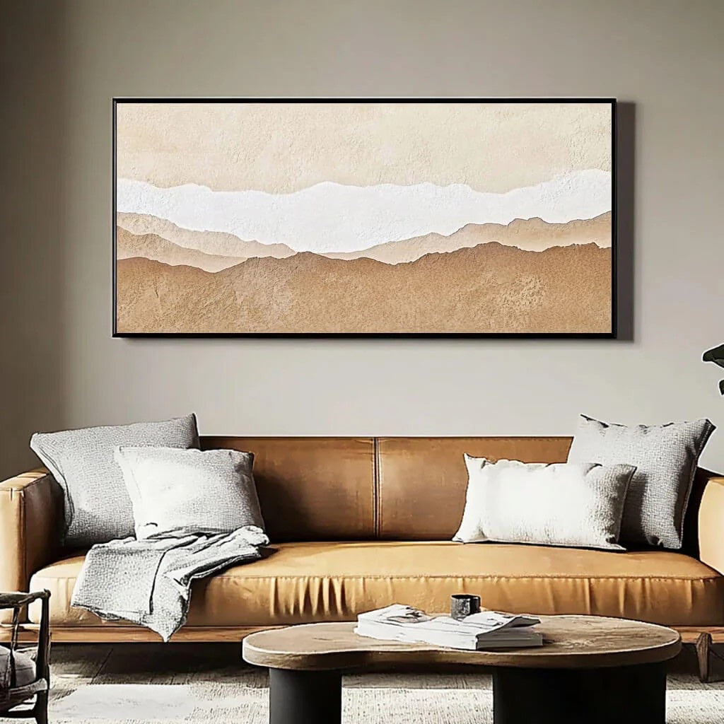 Abstract Desert Landscape Textured Sand Dunes Painting styled in a refined neutral room setting to show wall scale, calm proportion, and interior decor mood.