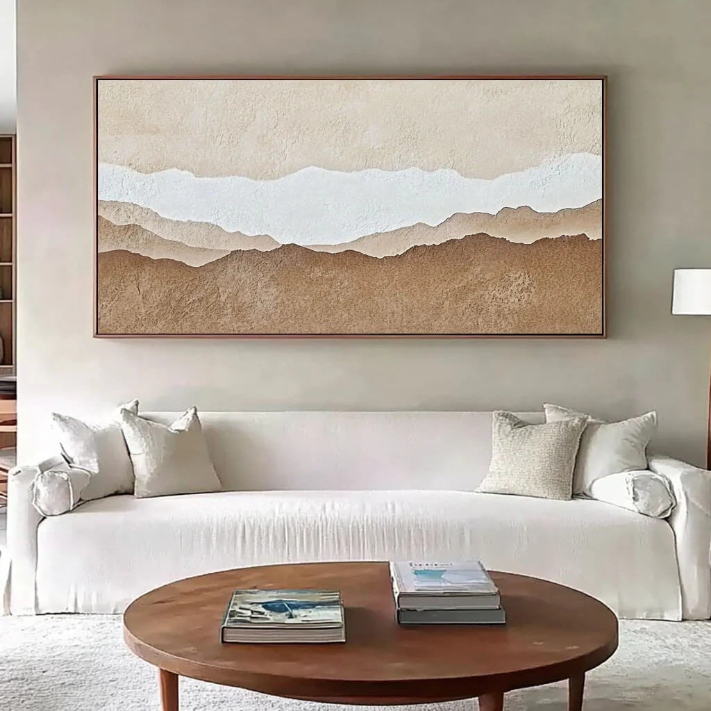 Abstract Desert Landscape Textured Sand Dunes Painting styled in a refined neutral room setting to show wall scale, calm proportion, and interior decor mood.