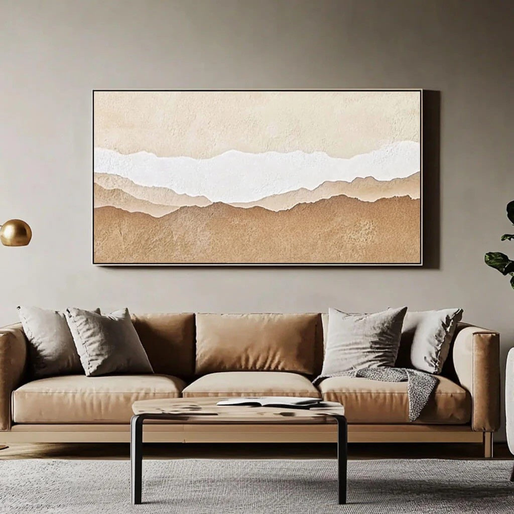 Abstract Desert Landscape Textured Sand Dunes Painting styled in a refined neutral room setting to show wall scale, calm proportion, and interior decor mood.