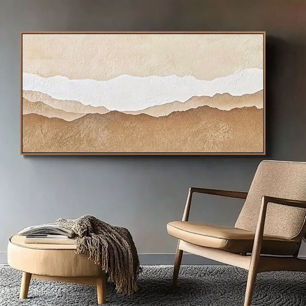 Abstract Desert Landscape Textured Sand Dunes Painting styled in a refined neutral room setting to show wall scale, calm proportion, and interior decor mood.