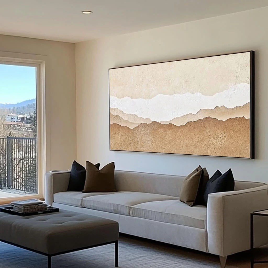Abstract Desert Landscape Textured Sand Dunes Painting styled in a refined neutral room setting to show wall scale, calm proportion, and interior decor mood.