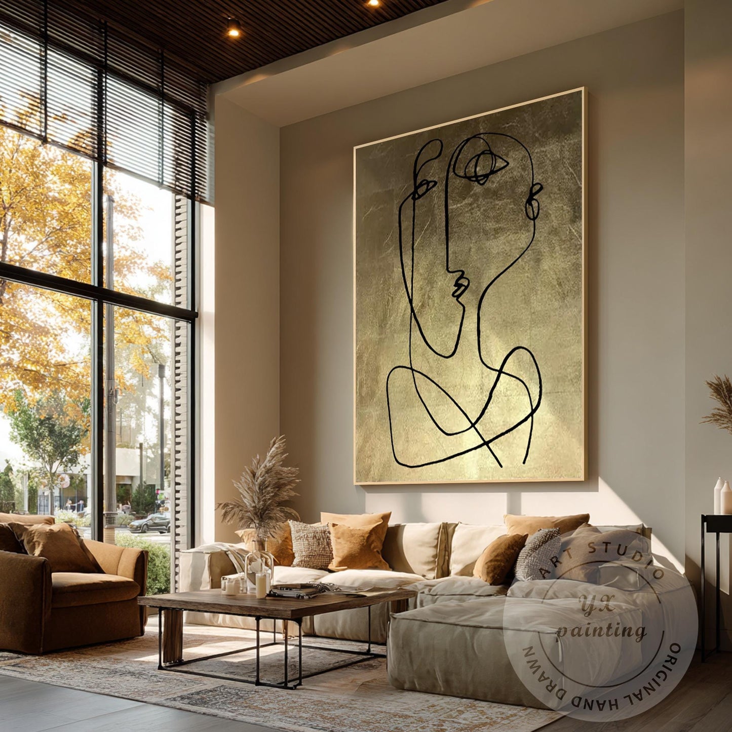 Abstract Face Line Art on Gold Leaf Canvas, One Line Picasso Style Wall Art, Ext #2