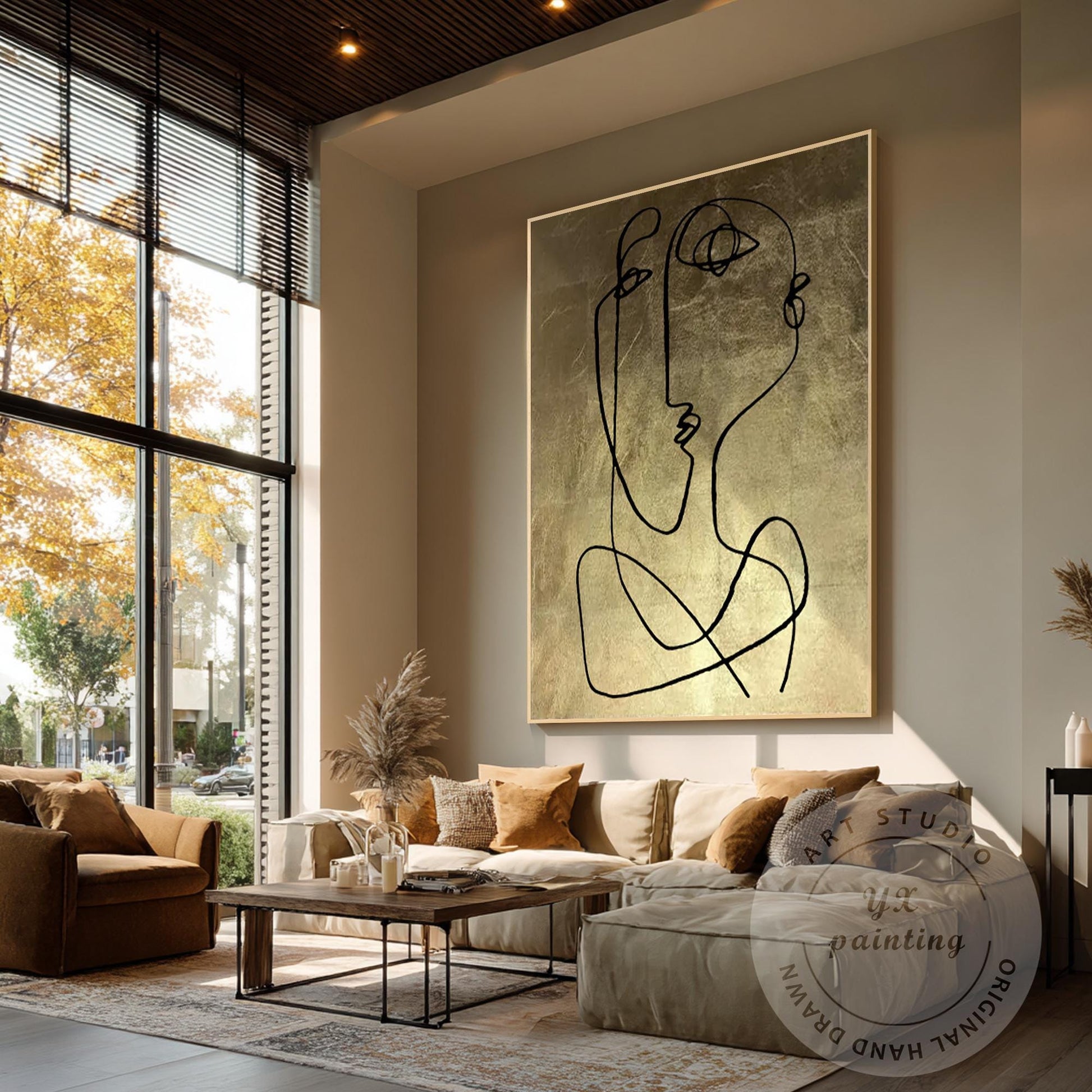 Abstract Face Line Art on Gold Leaf Canvas, One Line Picasso Style Wall Art, Ext #2