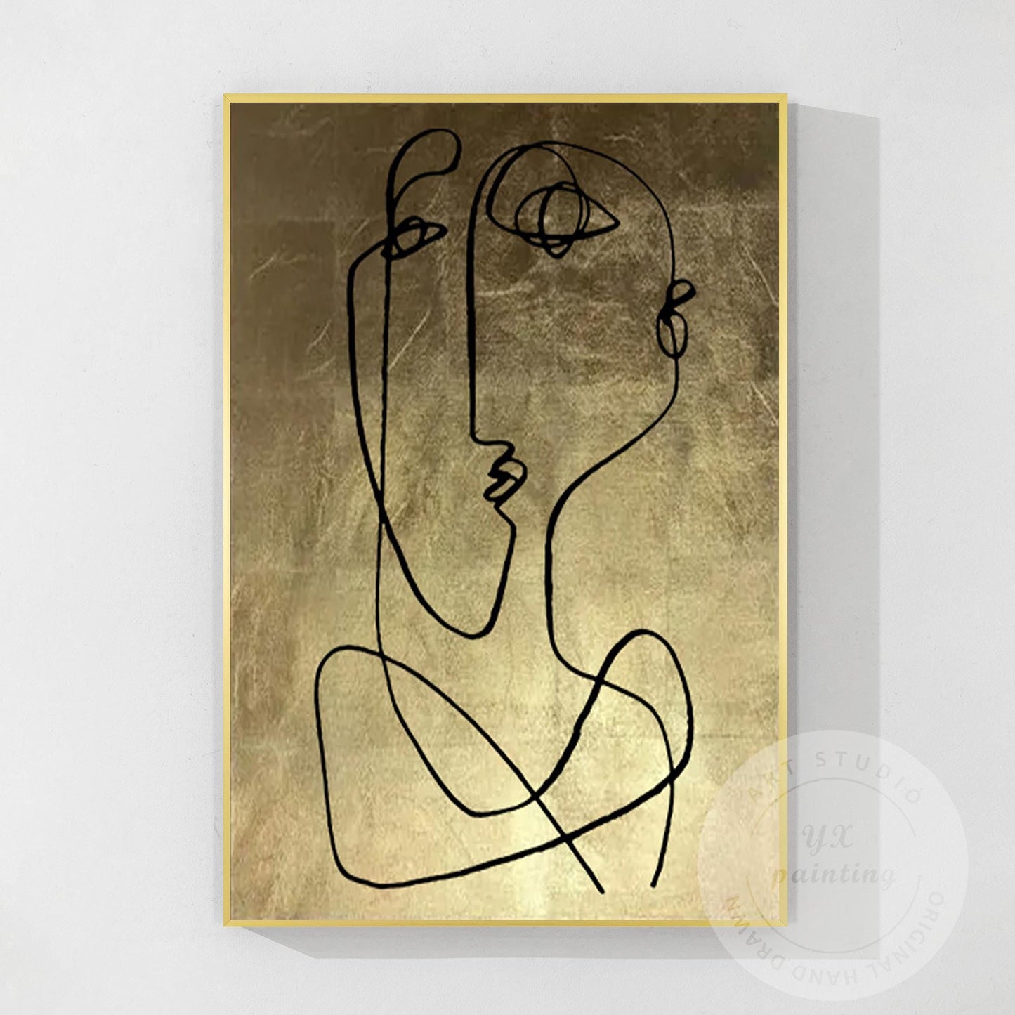 Abstract Face Line Art on Gold Leaf Canvas, One Line Picasso Style Wall Art, Ext #11
