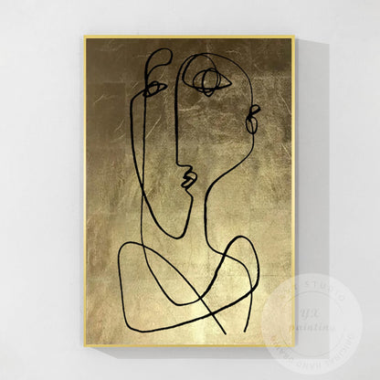 Abstract Face Line Art on Gold Leaf Canvas, One Line Picasso Style Wall Art, Ext #11