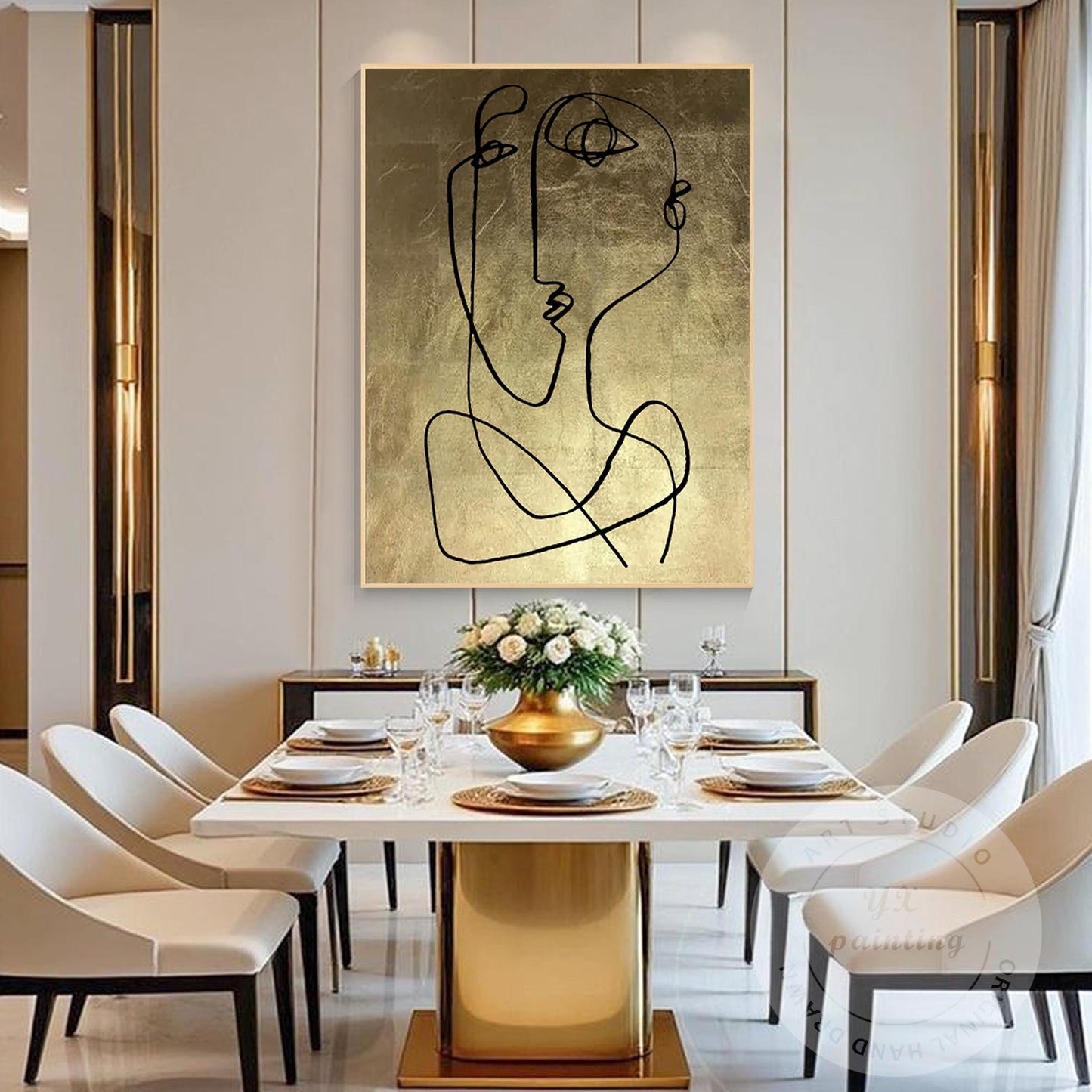 Abstract Face Line Art on Gold Leaf Canvas, One Line Picasso Style Wall Art, Ext #3