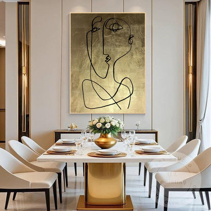 Abstract Face Line Art on Gold Leaf Canvas, One Line Picasso Style Wall Art, Ext #3