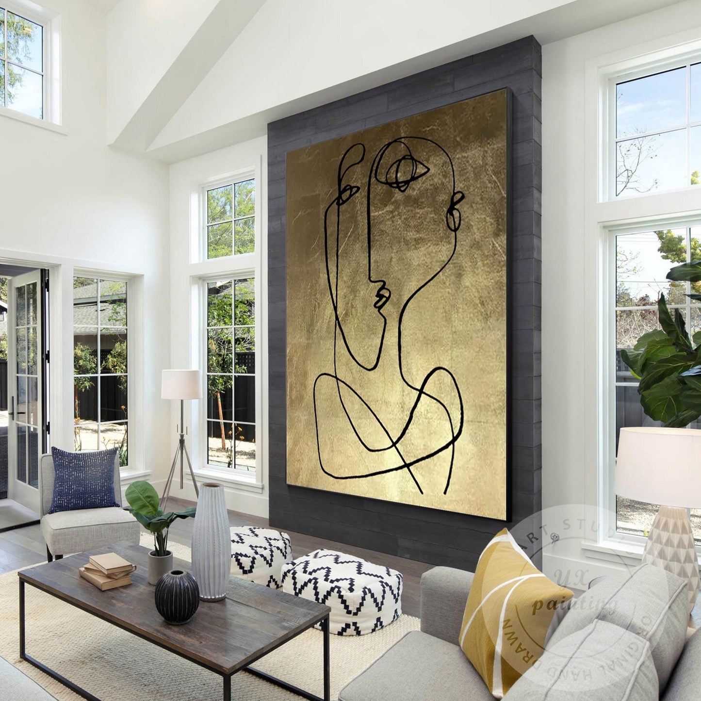 Abstract Face Line Art on Gold Leaf Canvas, One Line Picasso Style Wall Art, Ext #4
