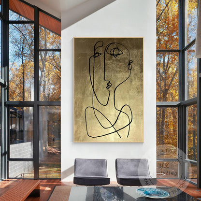 Abstract Face Line Art on Gold Leaf Canvas, One Line Picasso Style Wall Art, Ext #5