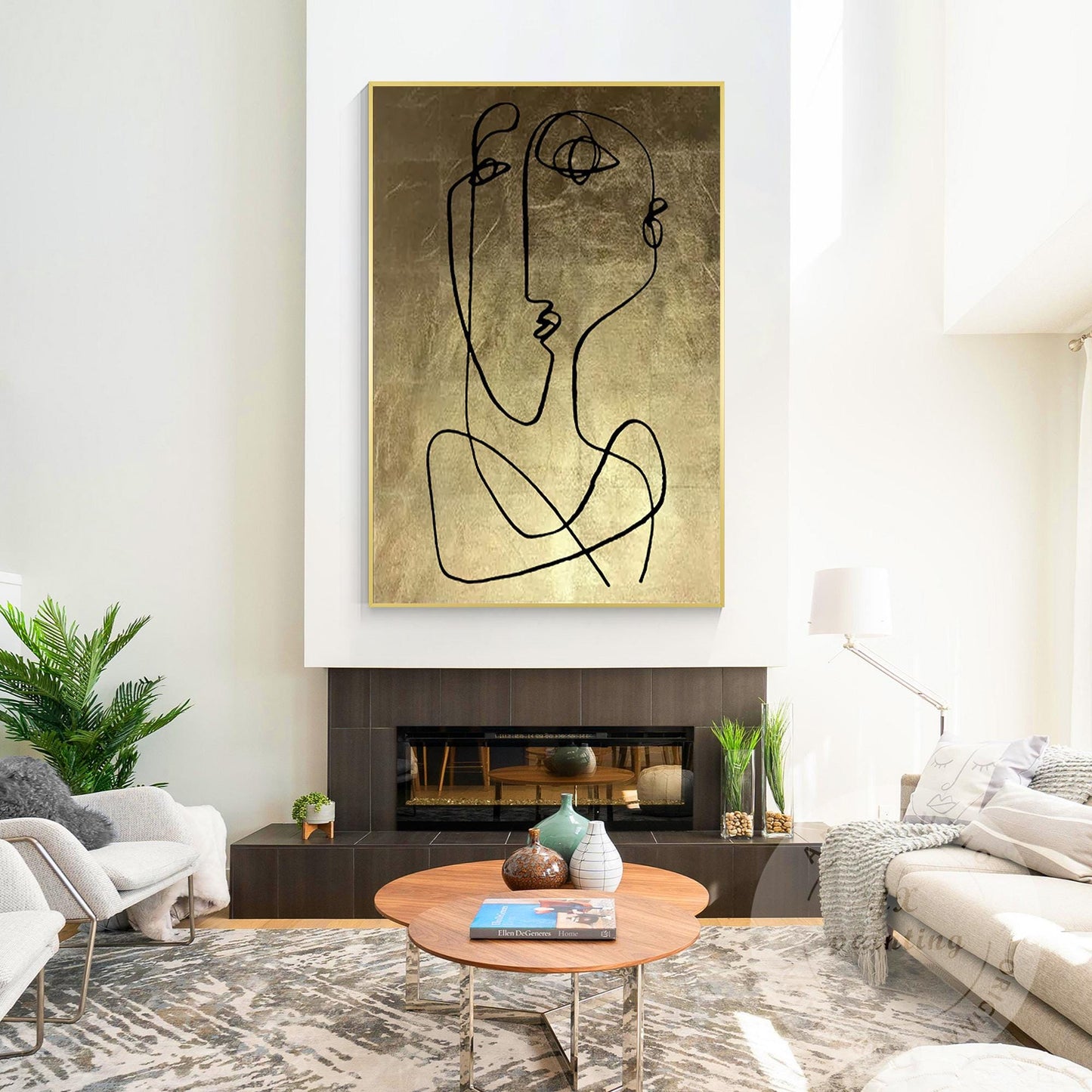 Abstract Face Line Art on Gold Leaf Canvas, One Line Picasso Style Wall Art, Ext #6