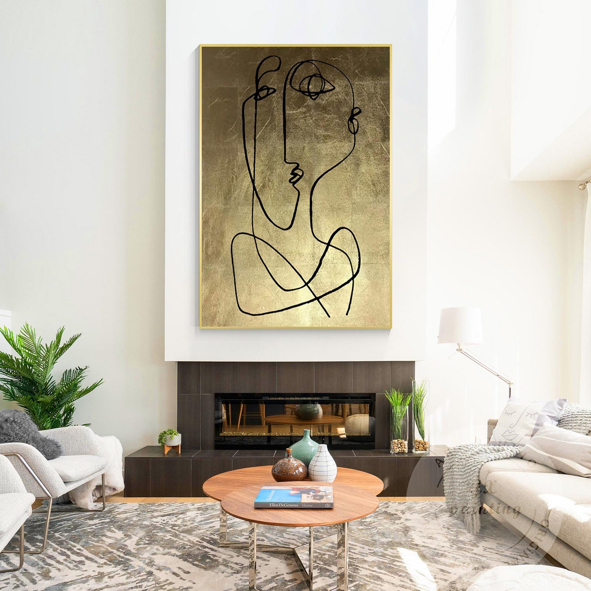 Abstract Face Line Art on Gold Leaf Canvas, One Line Picasso Style Wall Art, Ext #6