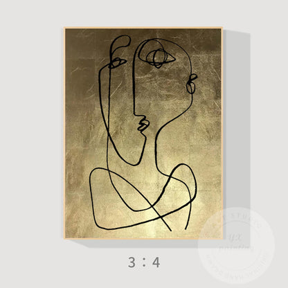 Abstract Face Line Art on Gold Leaf Canvas, One Line Picasso Style Wall Art, Ext #7