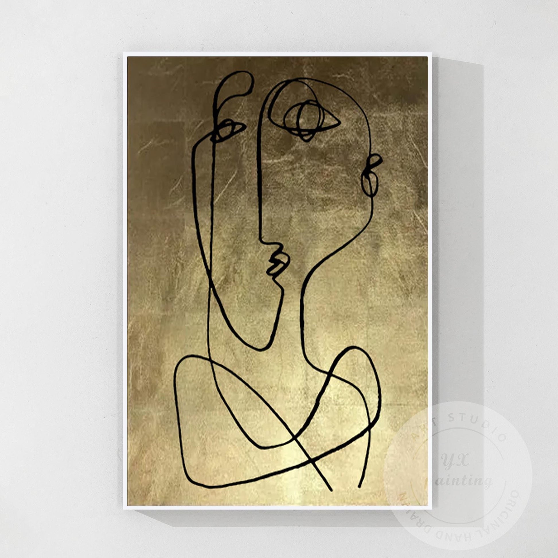 Abstract Face Line Art on Gold Leaf Canvas, One Line Picasso Style Wall Art, Ext #9