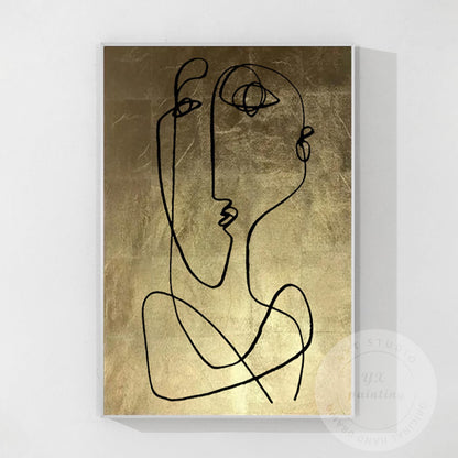 Abstract Face Line Art on Gold Leaf Canvas, One Line Picasso Style Wall Art, Ext #10