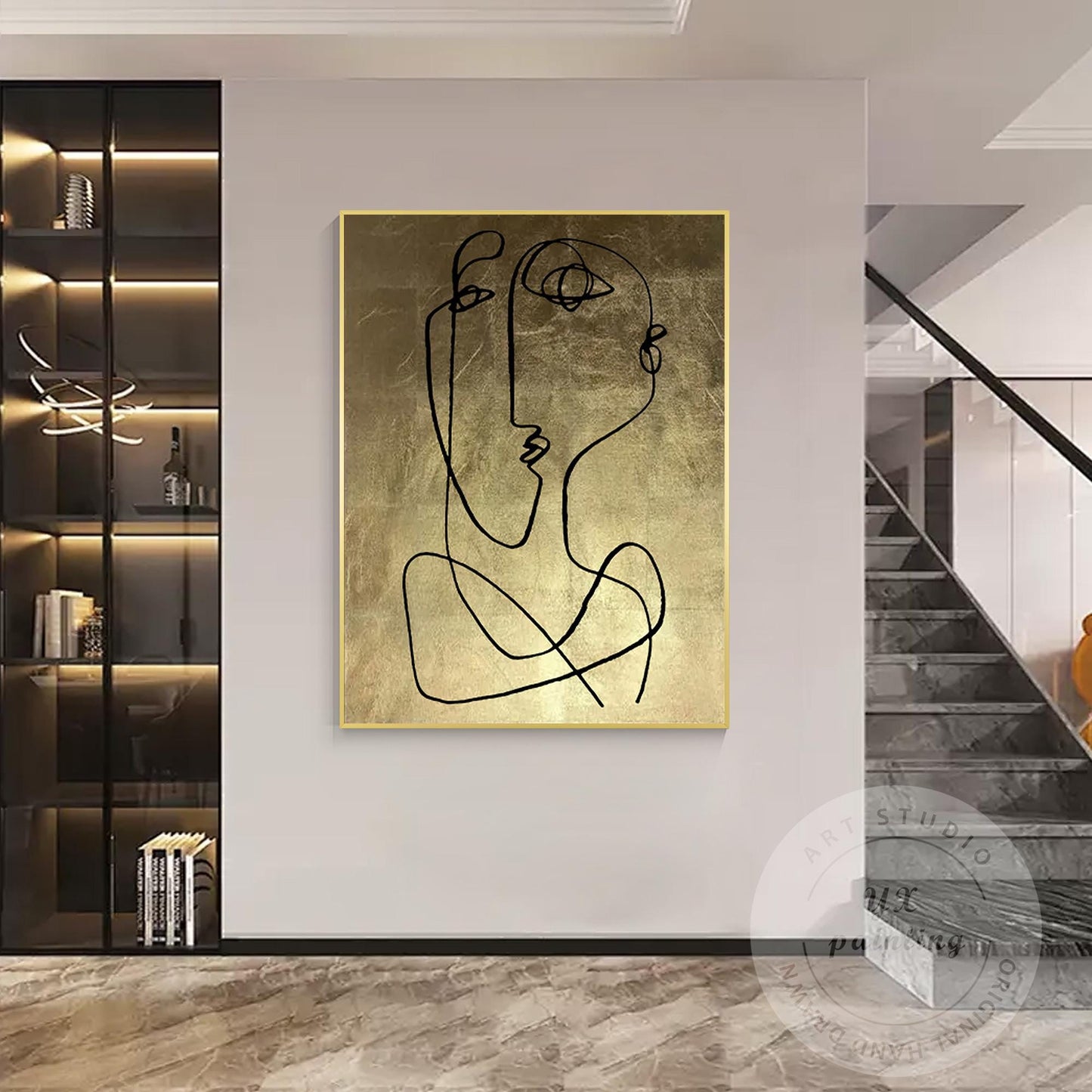 Abstract Face Line Art on Gold Leaf Canvas, One Line Picasso Style Wall Art, Ext #1