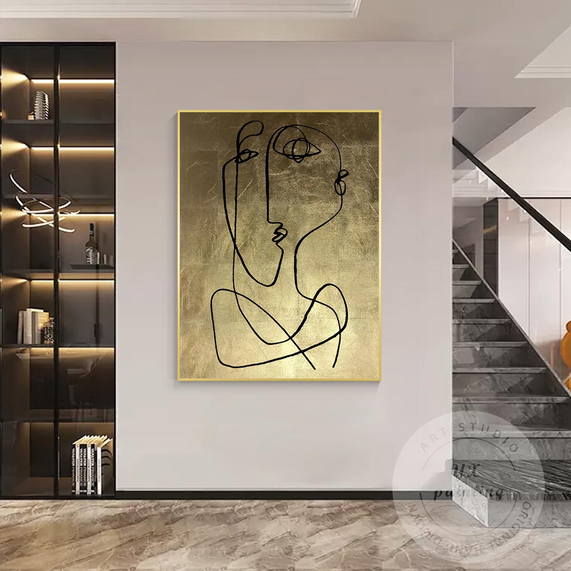 Abstract Face Line Art on Gold Leaf Canvas, One Line Picasso Style Wall Art, Ext #1