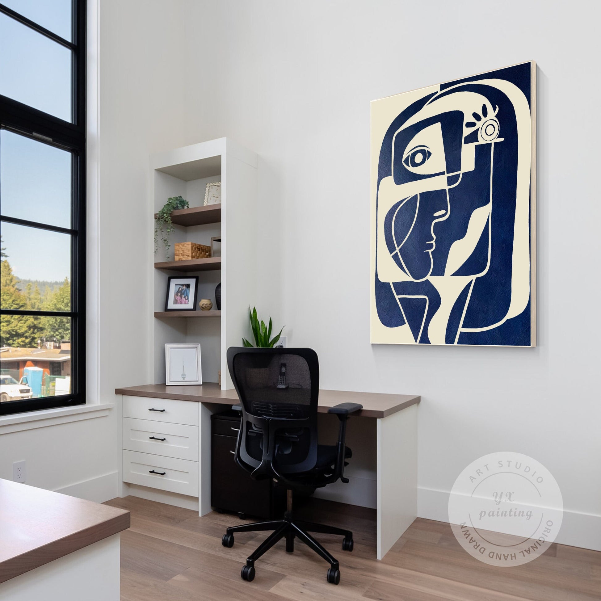 Abstract Face Painting: Navy Blue Beige Minimalist Wall Art #2