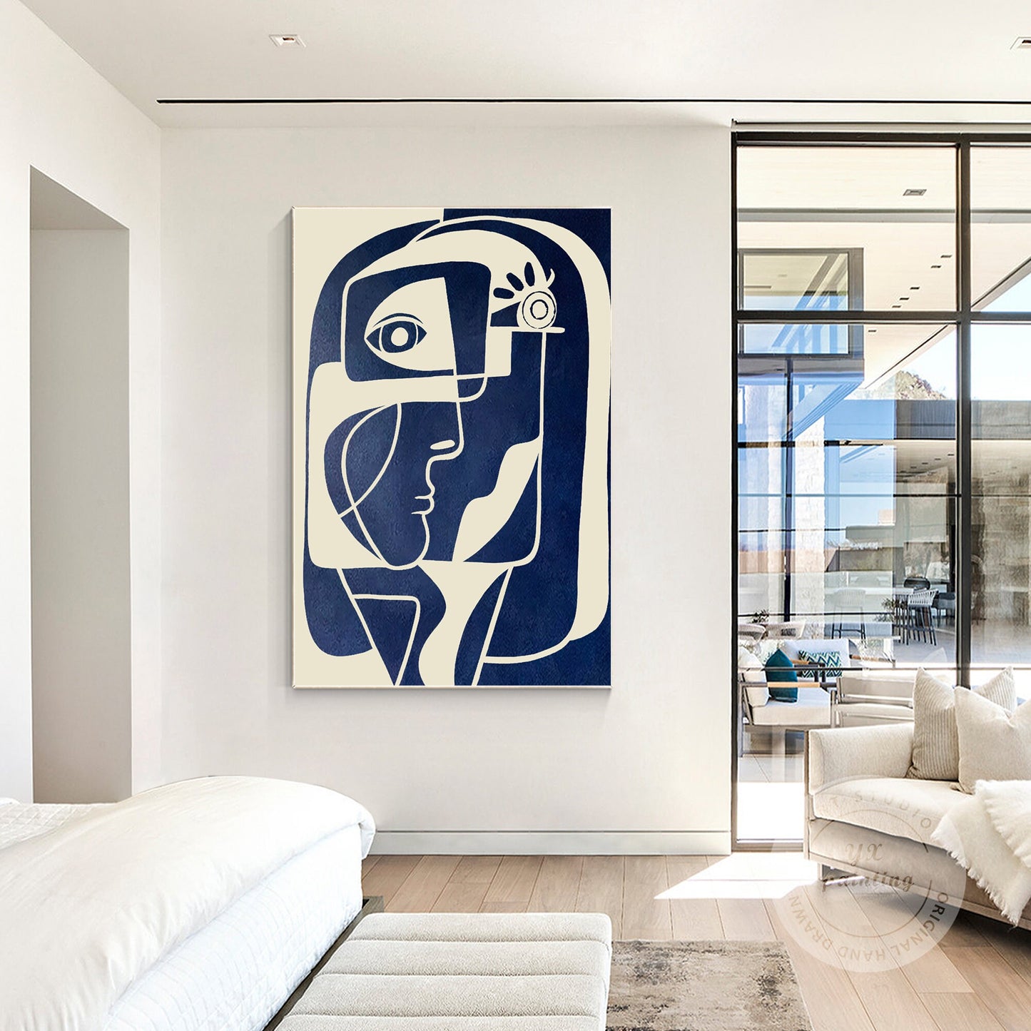 Abstract Face Painting: Navy Blue Beige Minimalist Wall Art #3