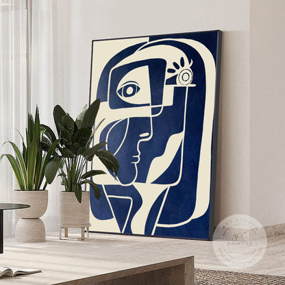 Abstract Face Painting: Navy Blue Beige Minimalist Wall Art #4