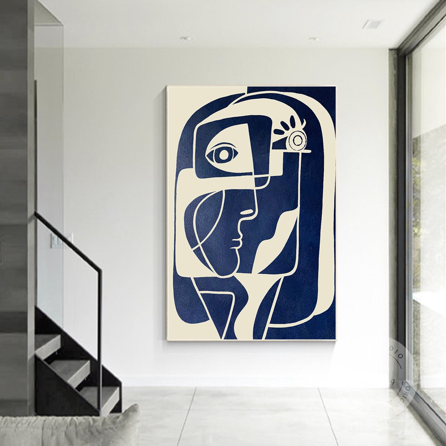 Abstract Face Painting: Navy Blue Beige Minimalist Wall Art #5