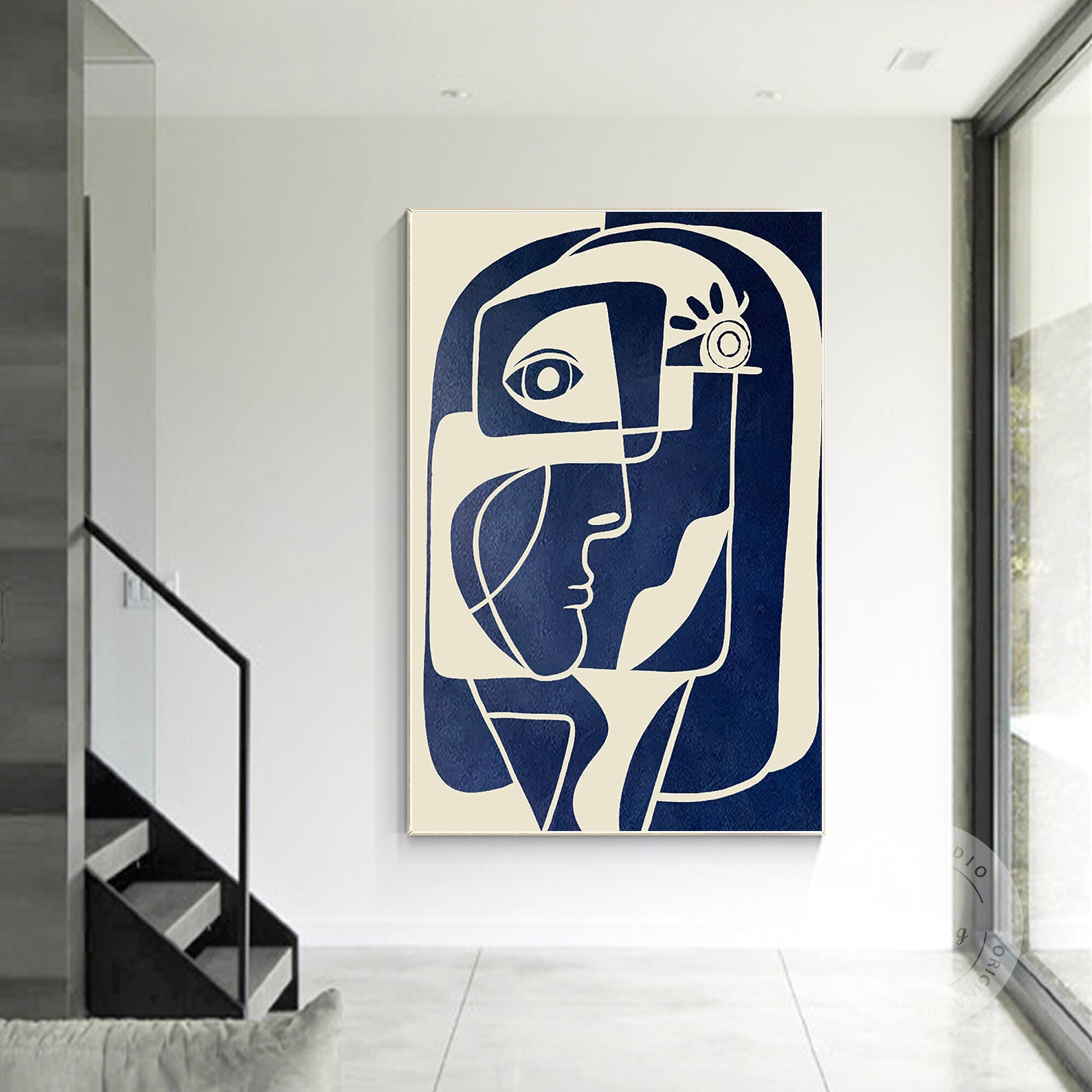 Abstract Face Painting: Navy Blue Beige Minimalist Wall Art #5