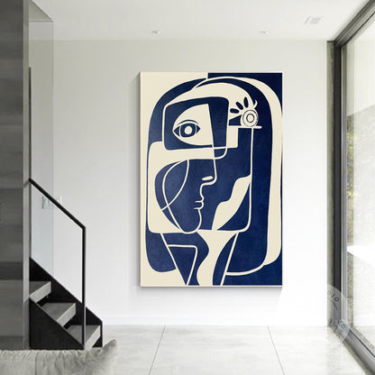 Abstract Face Painting: Navy Blue Beige Minimalist Wall Art #5