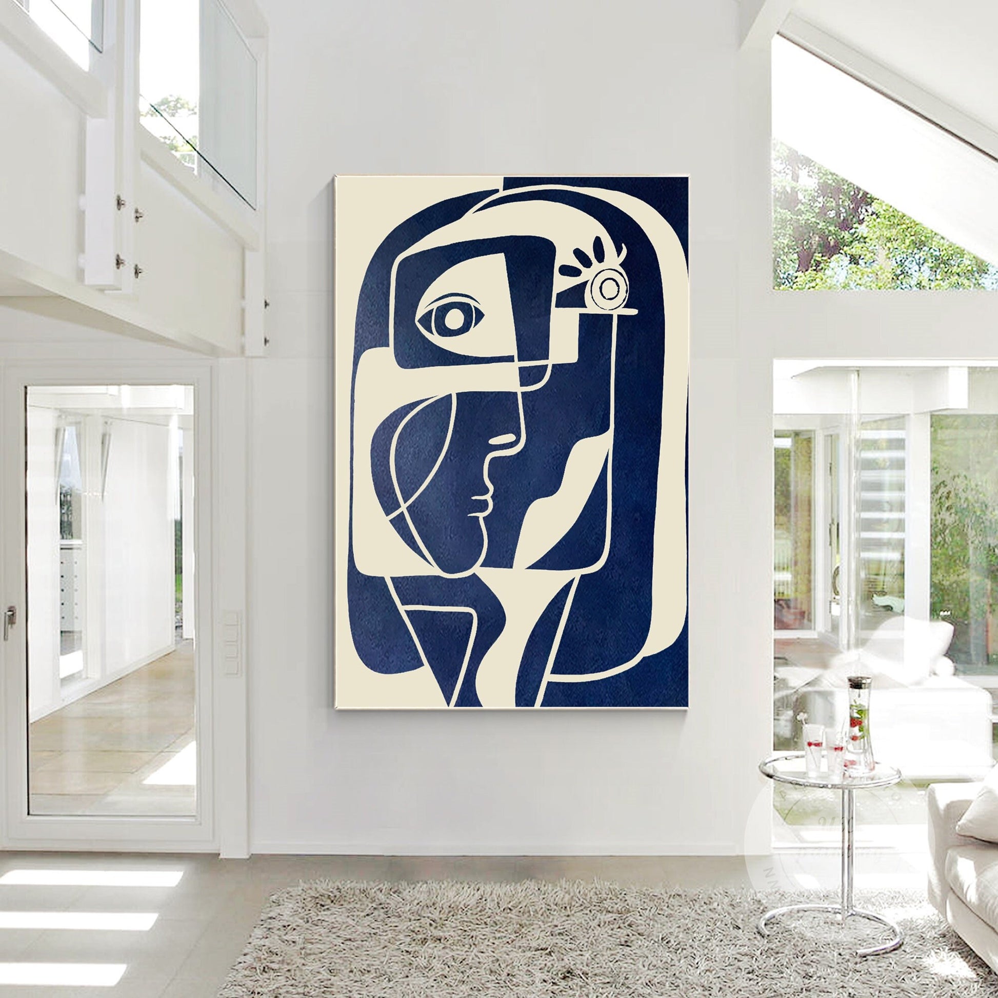 Abstract Face Painting: Navy Blue Beige Minimalist Wall Art #1